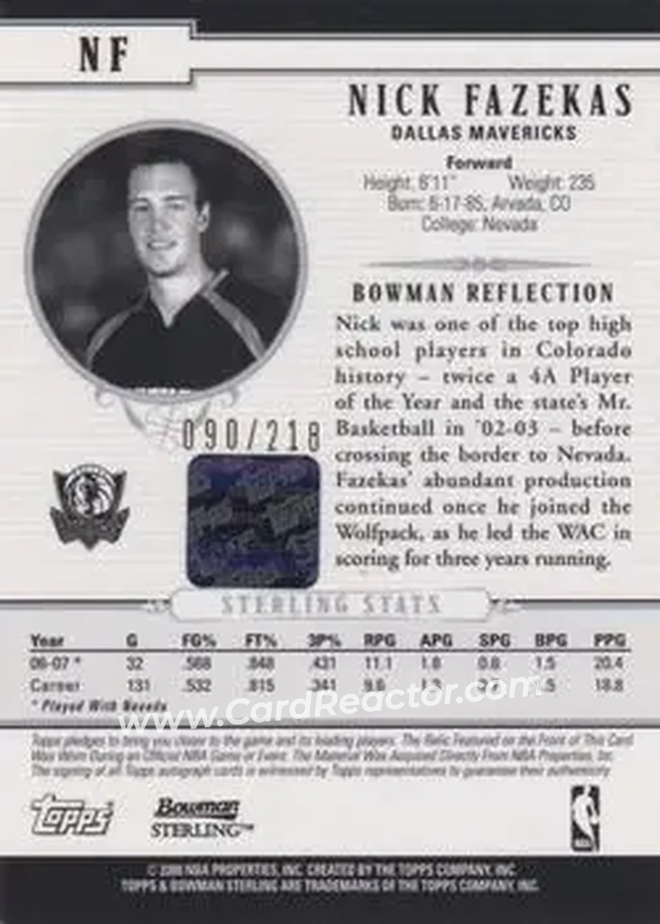 2007-08 Bowman Sterling #NF - Nick Fazekas - Dallas Mavericks - Back