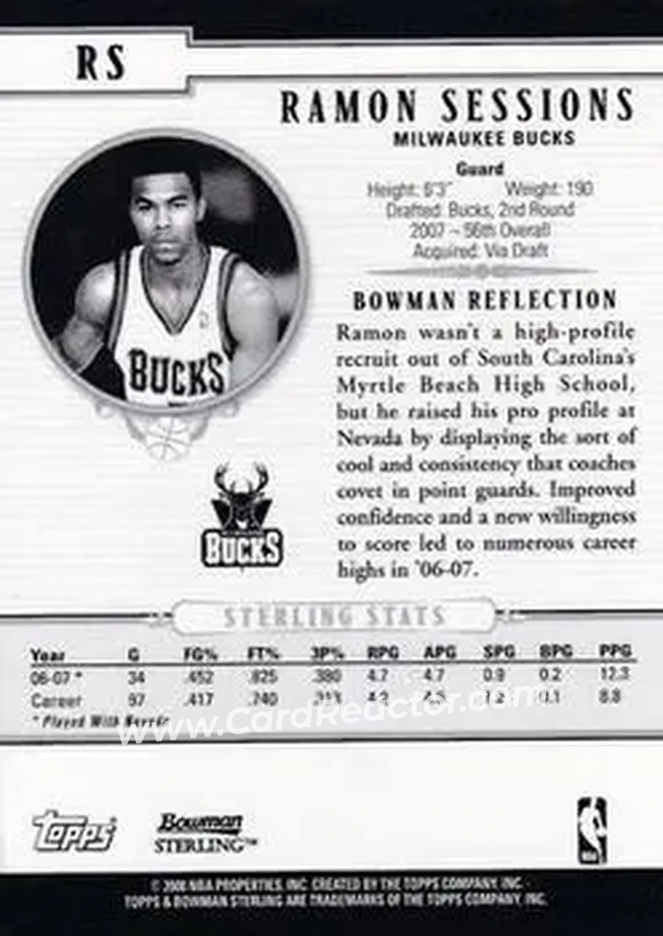 2007-08 Bowman Sterling #RS - Ramon Sessions - Milwaukee Bucks - Back