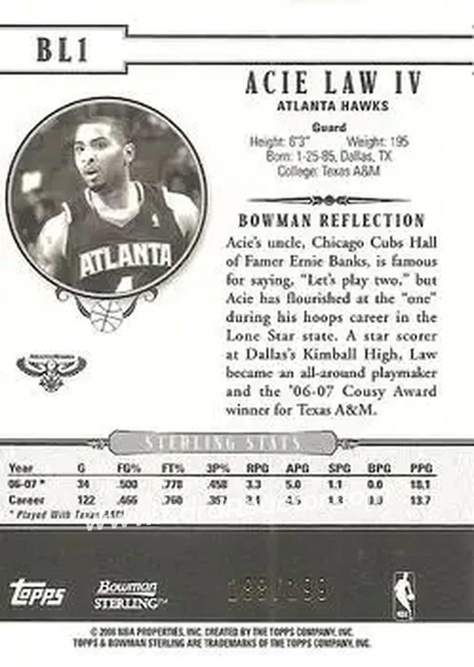 2007-08 Bowman Sterling - Box Loaders #BL1 - Acie Law - Atlanta Hawks - Back