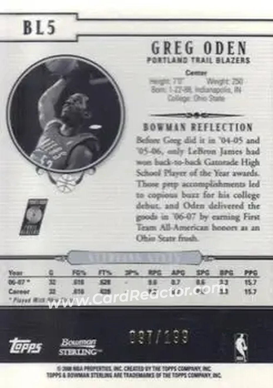 2007-08 Bowman Sterling - Box Loaders #BL5 - Greg Oden - Portland Trail Blazers - Back
