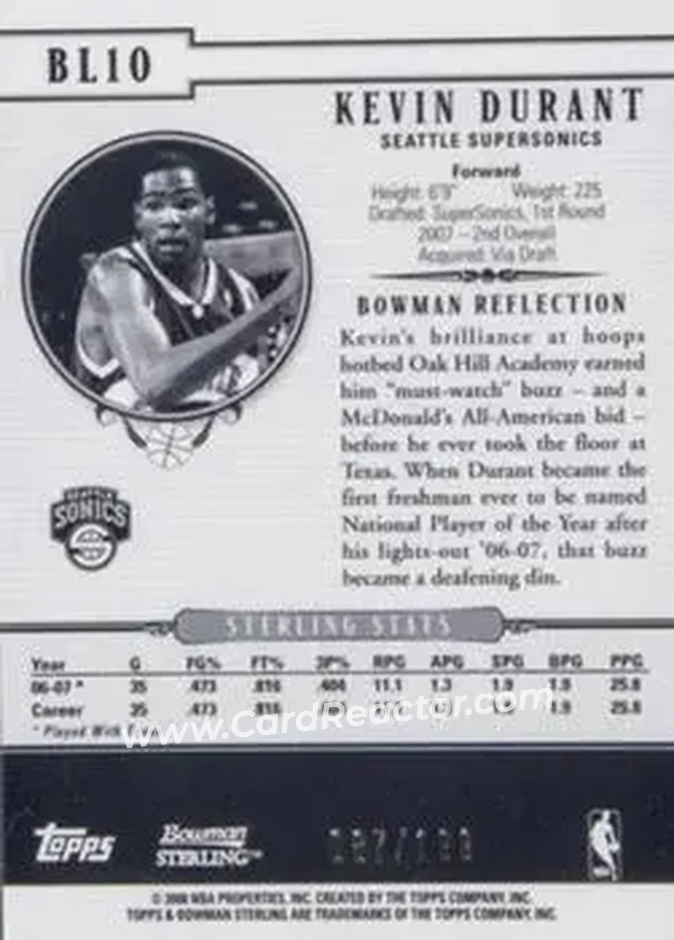 2007-08 Bowman Sterling - Box Loaders #BL10 - Kevin Durant - Seattle SuperSonics - Back 2007-08 Bowman Sterling - Box Loaders #BL10 - Kevin Durant - Seattle SuperSonics - Back