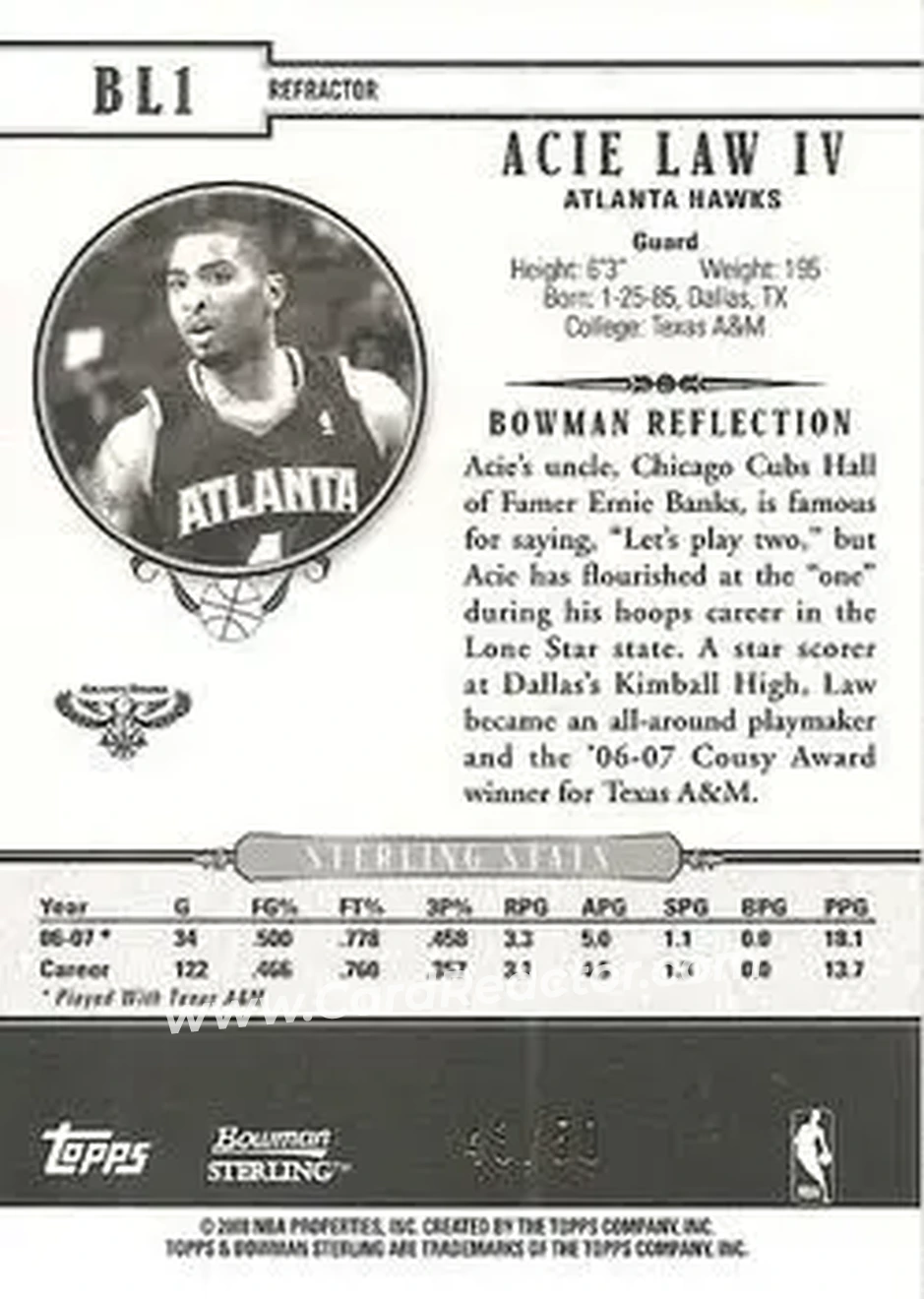 2007-08 Bowman Sterling - Box Loaders Refractors #BL1 - Acie Law - Atlanta Hawks - Back