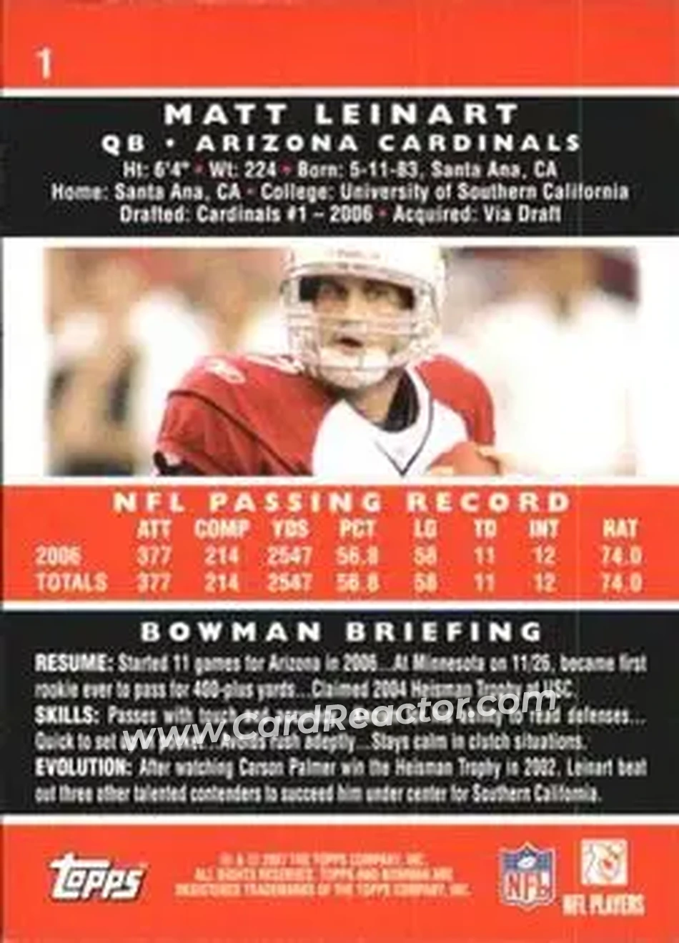 2007 Bowman #1 - Matt Leinart - Arizona Cardinals - Back
