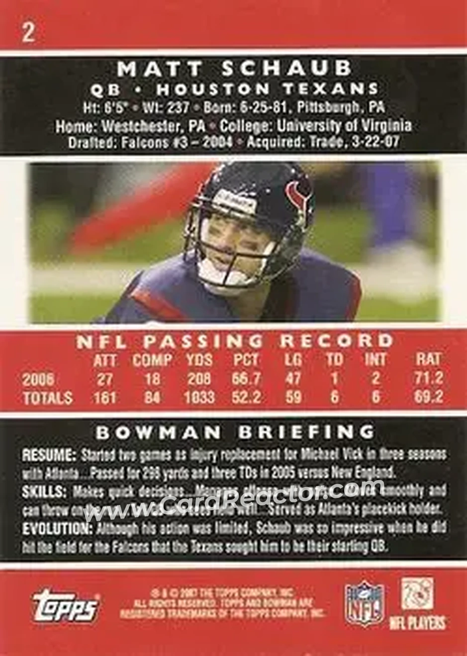 2007 Bowman #2 - Matt Schaub - Houston Texans - Back