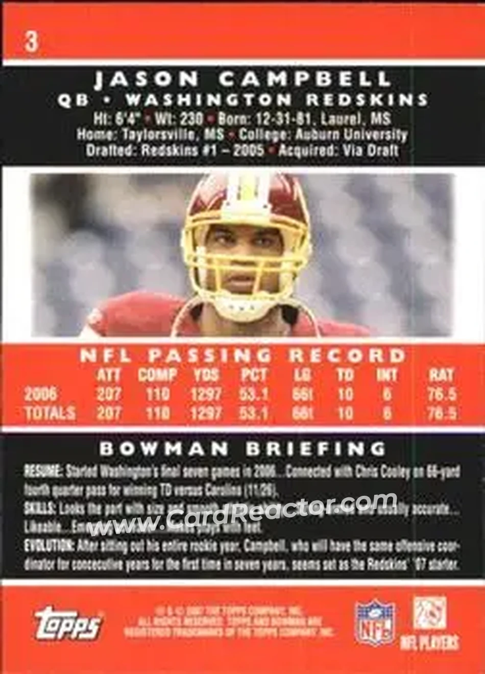 2007 Bowman #3 - Jason Campbell - Washington Redskins - Back