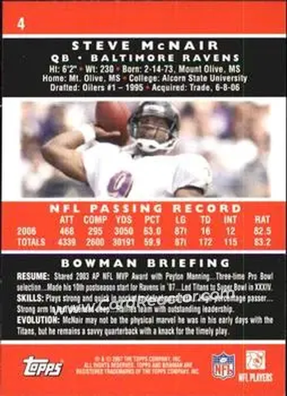 2007 Bowman #4 - Steve McNair - Baltimore Ravens - Back