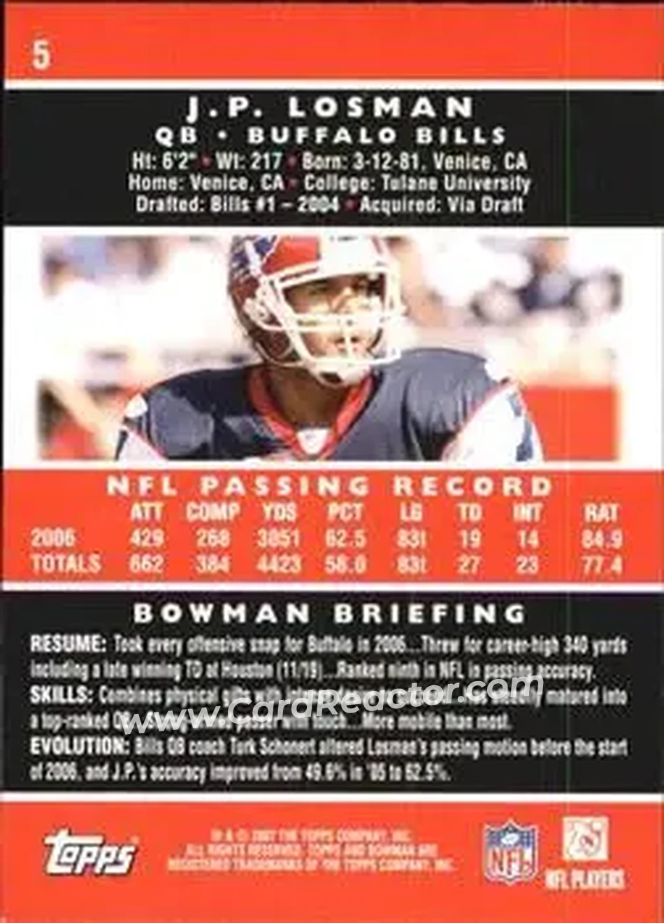 2007 Bowman #5 - J.P. Losman - Buffalo Bills - Back