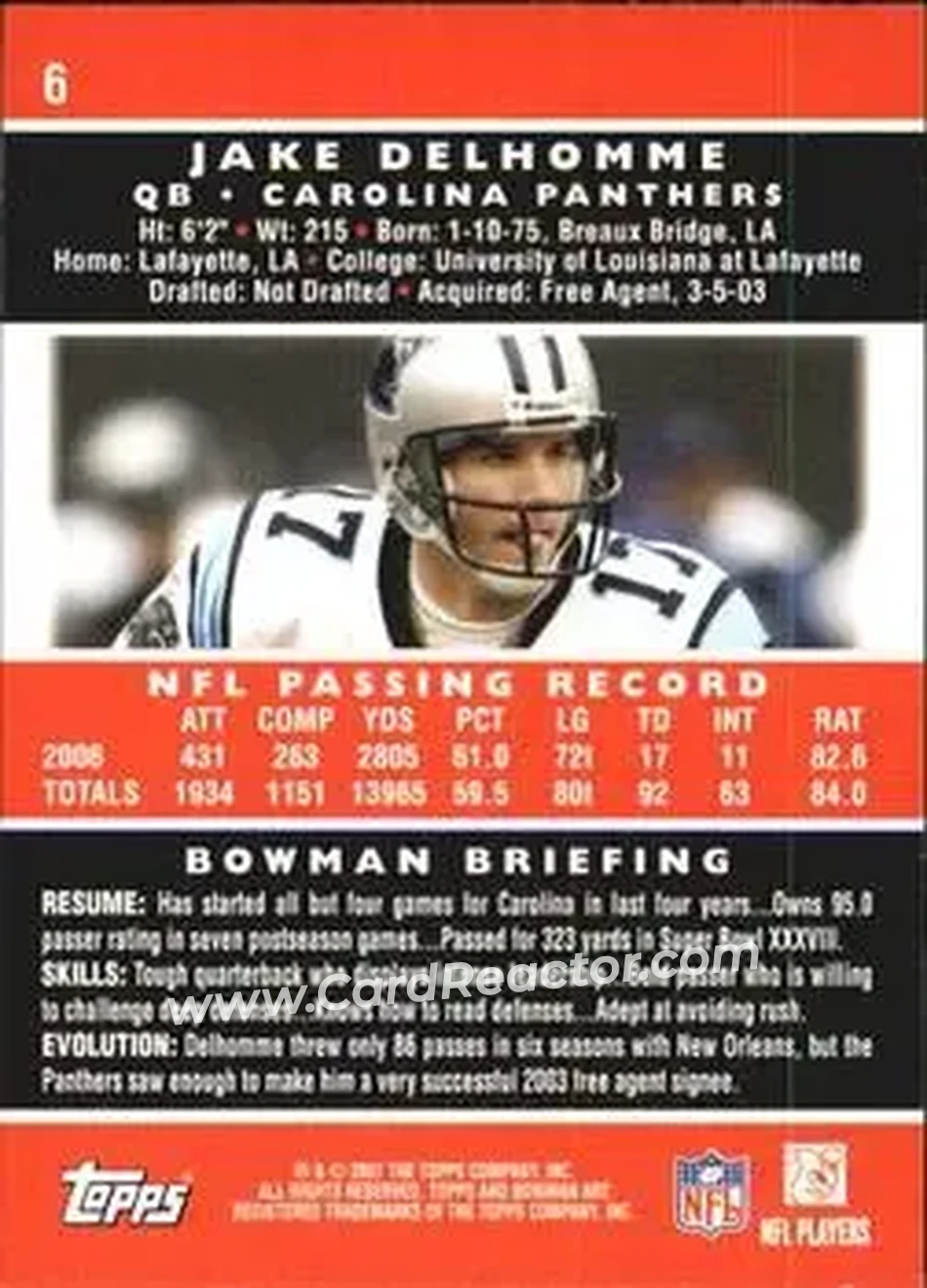2007 Bowman #6 - Jake Delhomme - Carolina Panthers - Back