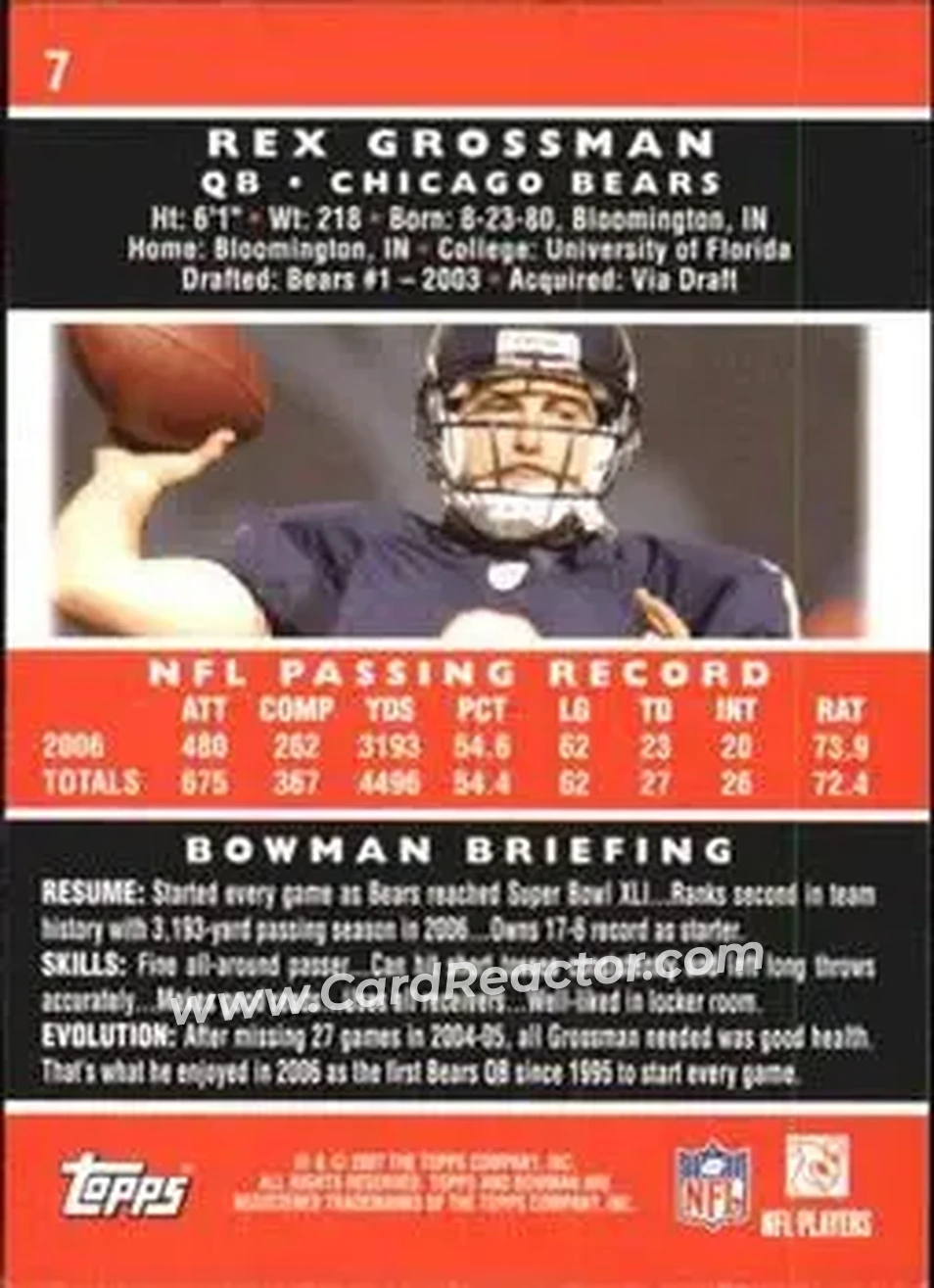 2007 Bowman #7 - Rex Grossman - Chicago Bears - Back