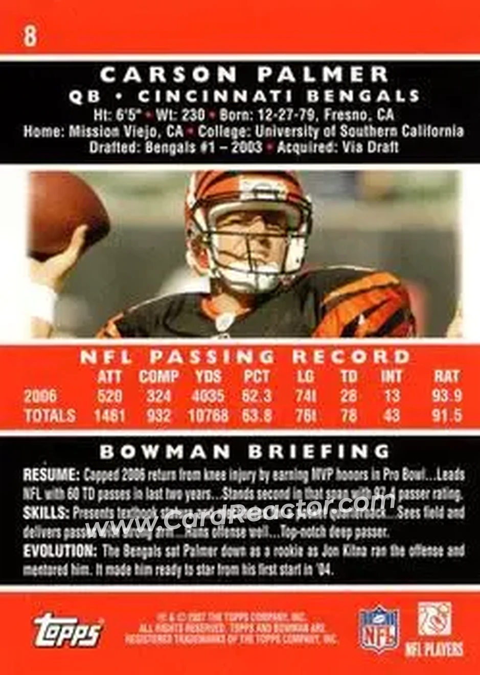 2007 Bowman #8 - Carson Palmer - Cincinnati Bengals - Back