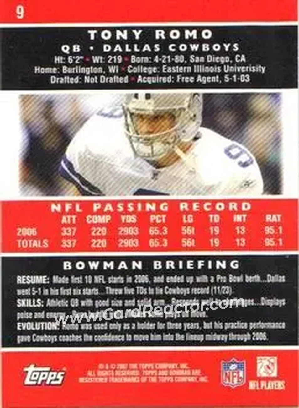 2007 Bowman #9 - Tony Romo - Dallas Cowboys - Back