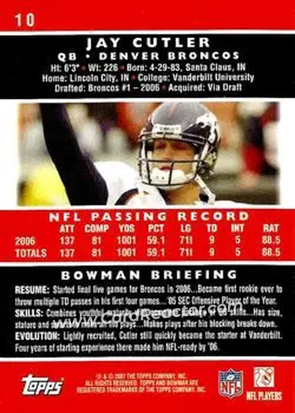 2007 Bowman #10 - Jay Cutler - Denver Broncos - Back