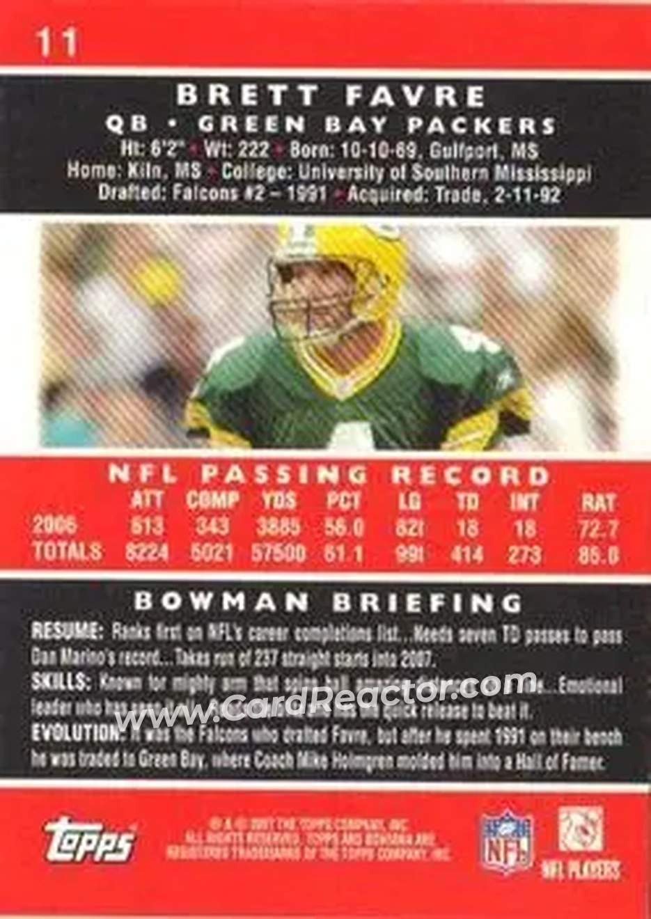 2007 Bowman #11 - Brett Favre - Green Bay Packers - Back