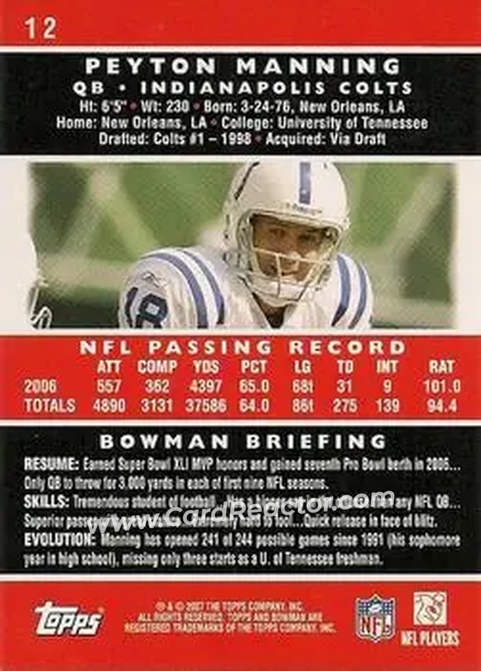 2007 Bowman #12 - Peyton Manning - Indianapolis Colts - Back
