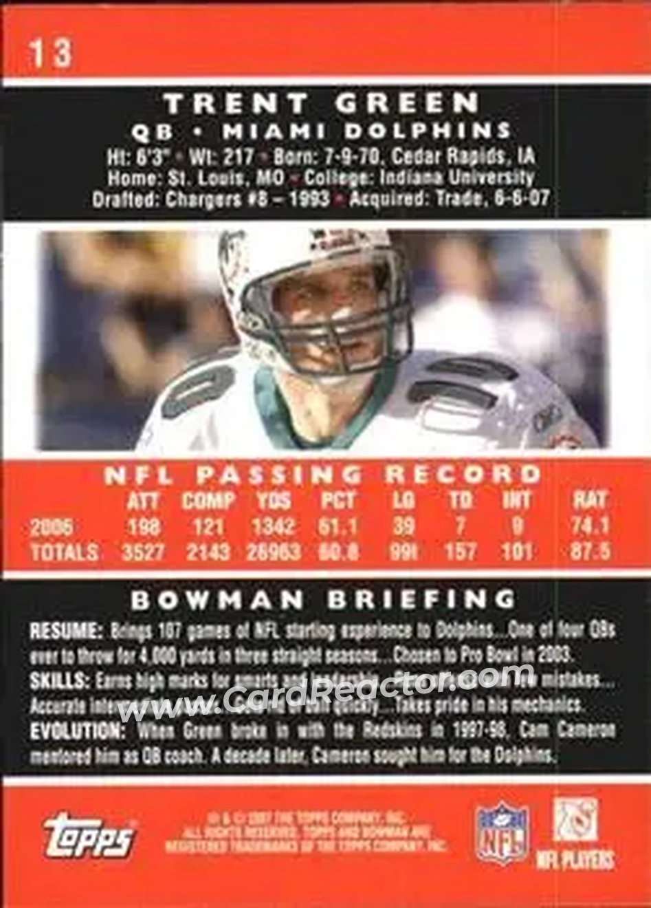 2007 Bowman #13 - Trent Green - Miami Dolphins - Back