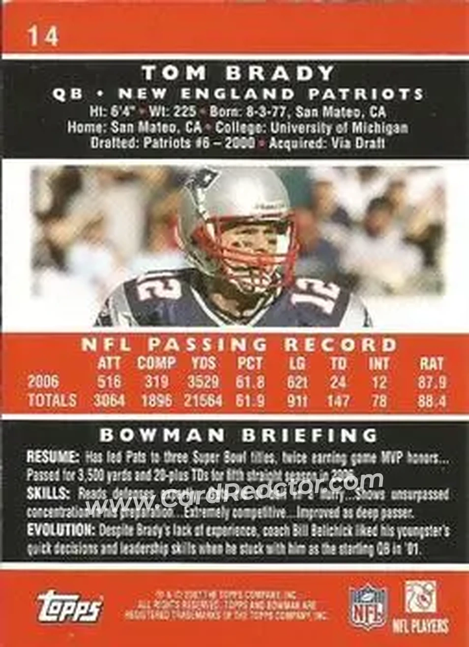 2007 Bowman #14 - Tom Brady - New England Patriots - Back