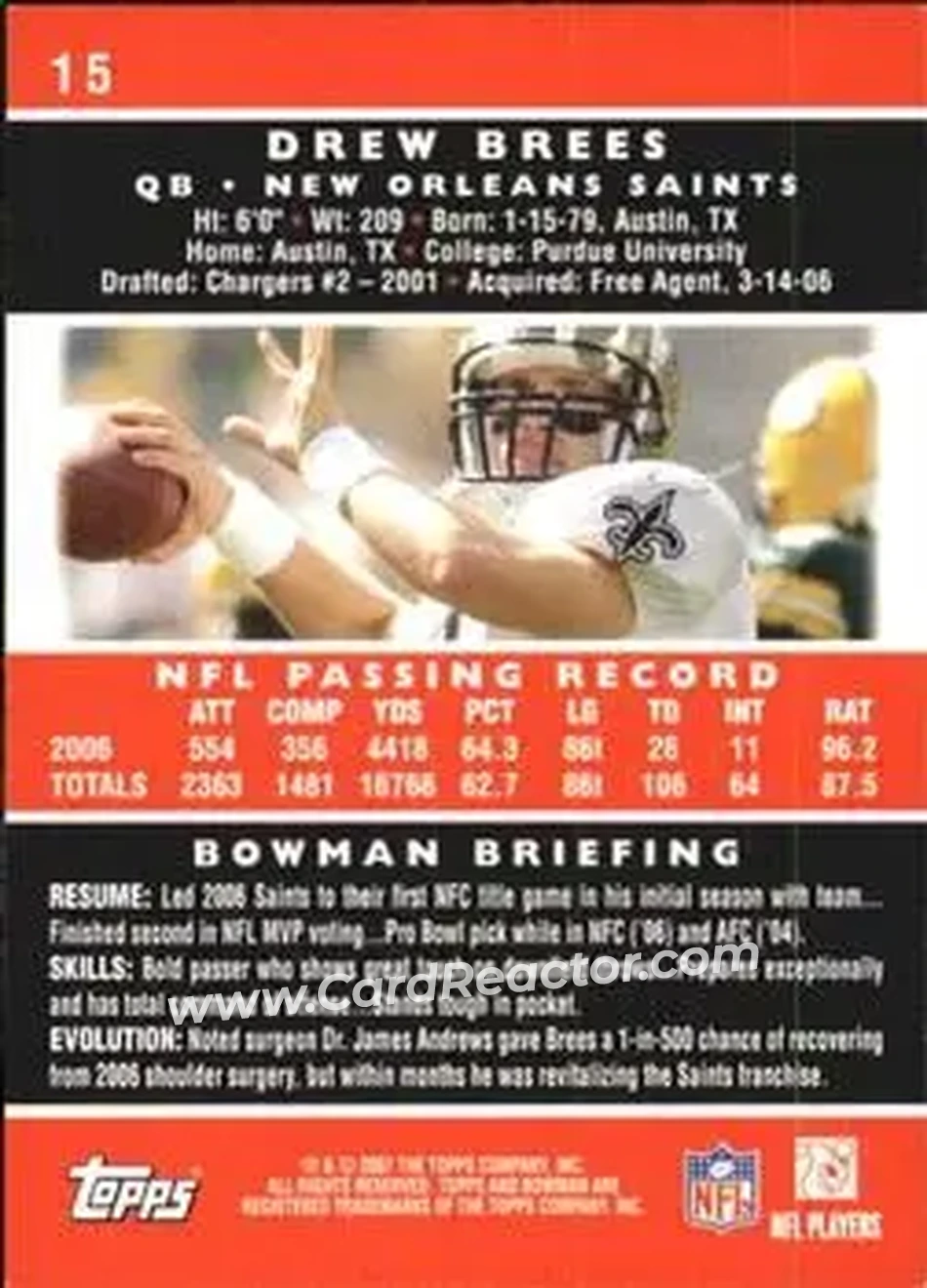 2007 Bowman #15 - Drew Brees - New Orleans Saints - Back