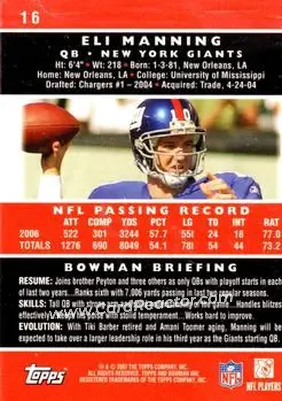 2007 Bowman #16 - Eli Manning - New York Giants - Back