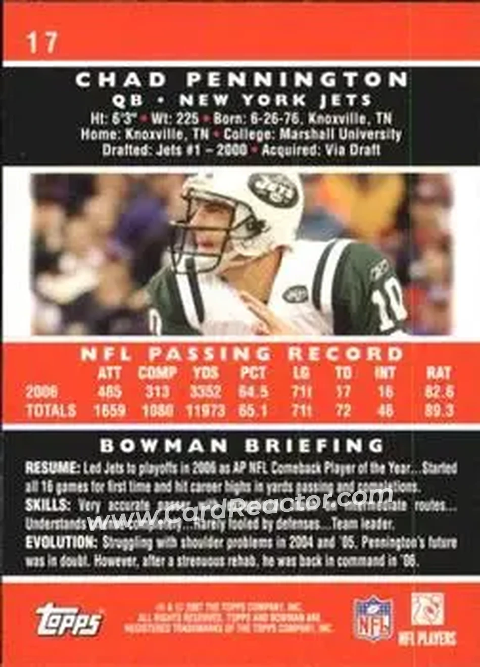 2007 Bowman #17 - Chad Pennington - New York Jets - Back
