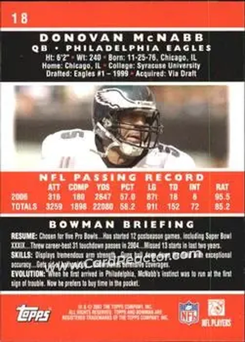 2007 Bowman #18 - Donovan McNabb - Philadelphia Eagles - Back