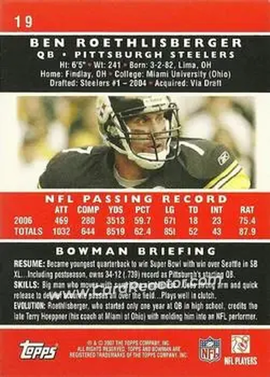 2007 Bowman #19 - Ben Roethlisberger - Pittsburgh Steelers - Back