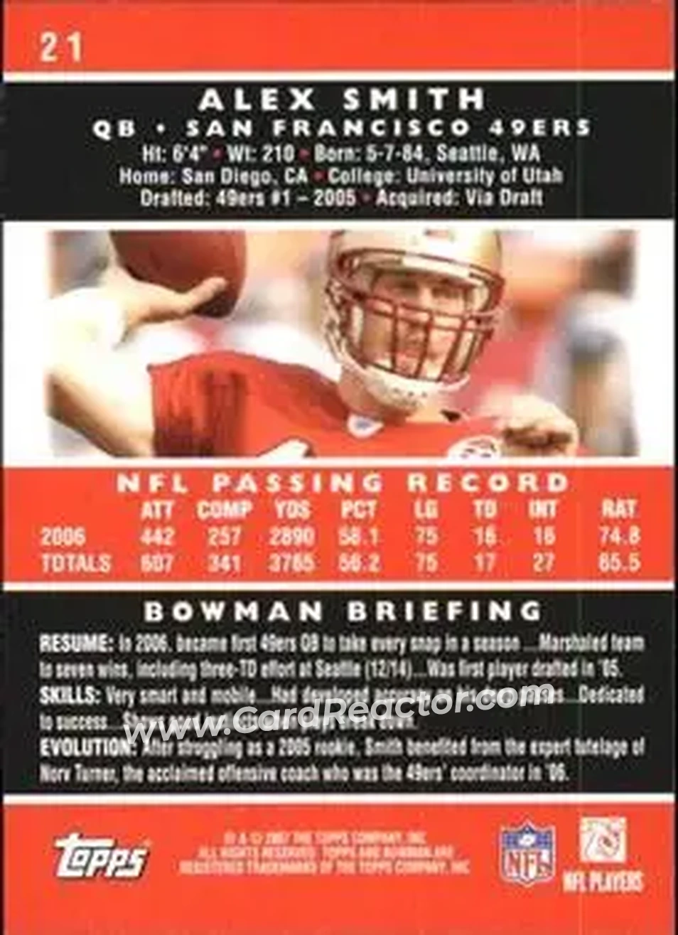 2007 Bowman #21 - Alex Smith - San Francisco 49ers - Back