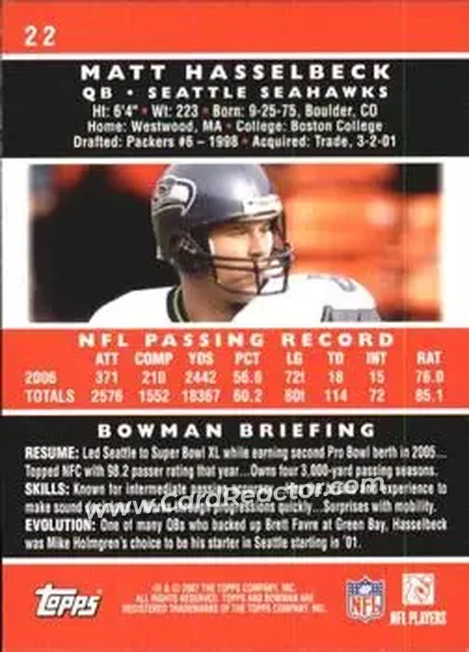 2007 Bowman #22 - Matt Hasselbeck - Seattle Seahawks - Back