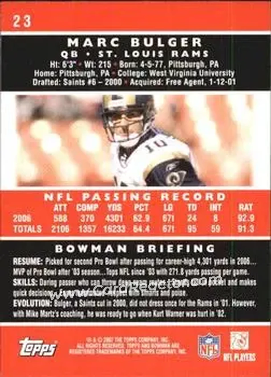 2007 Bowman #23 - Marc Bulger - St. Louis Rams - Back