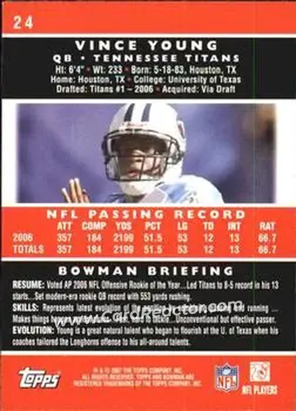 2007 Bowman #24 - Vince Young - Tennessee Titans - Back