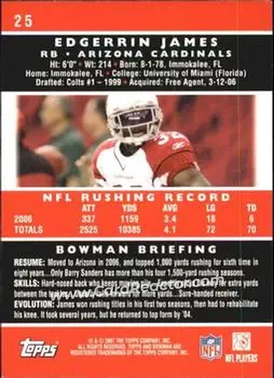2007 Bowman #25 - Edgerrin James - Arizona Cardinals - Back