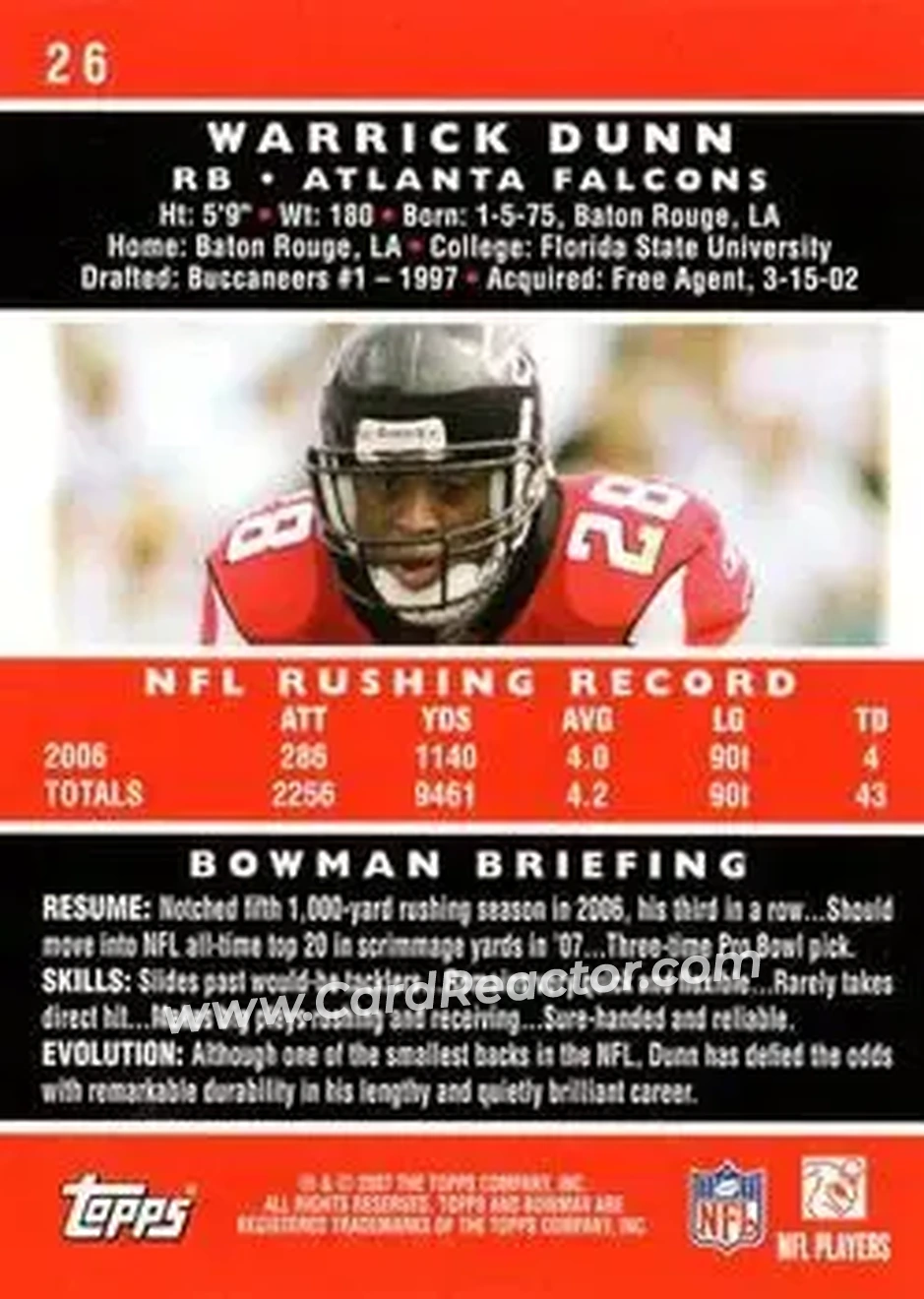 2007 Bowman #26 - Warrick Dunn - Atlanta Falcons - Back