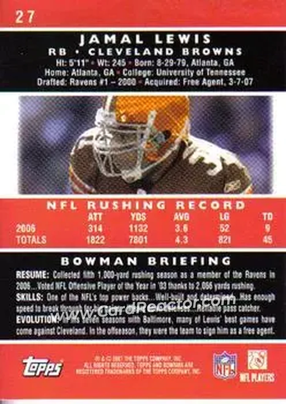 2007 Bowman #27 - Jamal Lewis - Cleveland Browns - Back