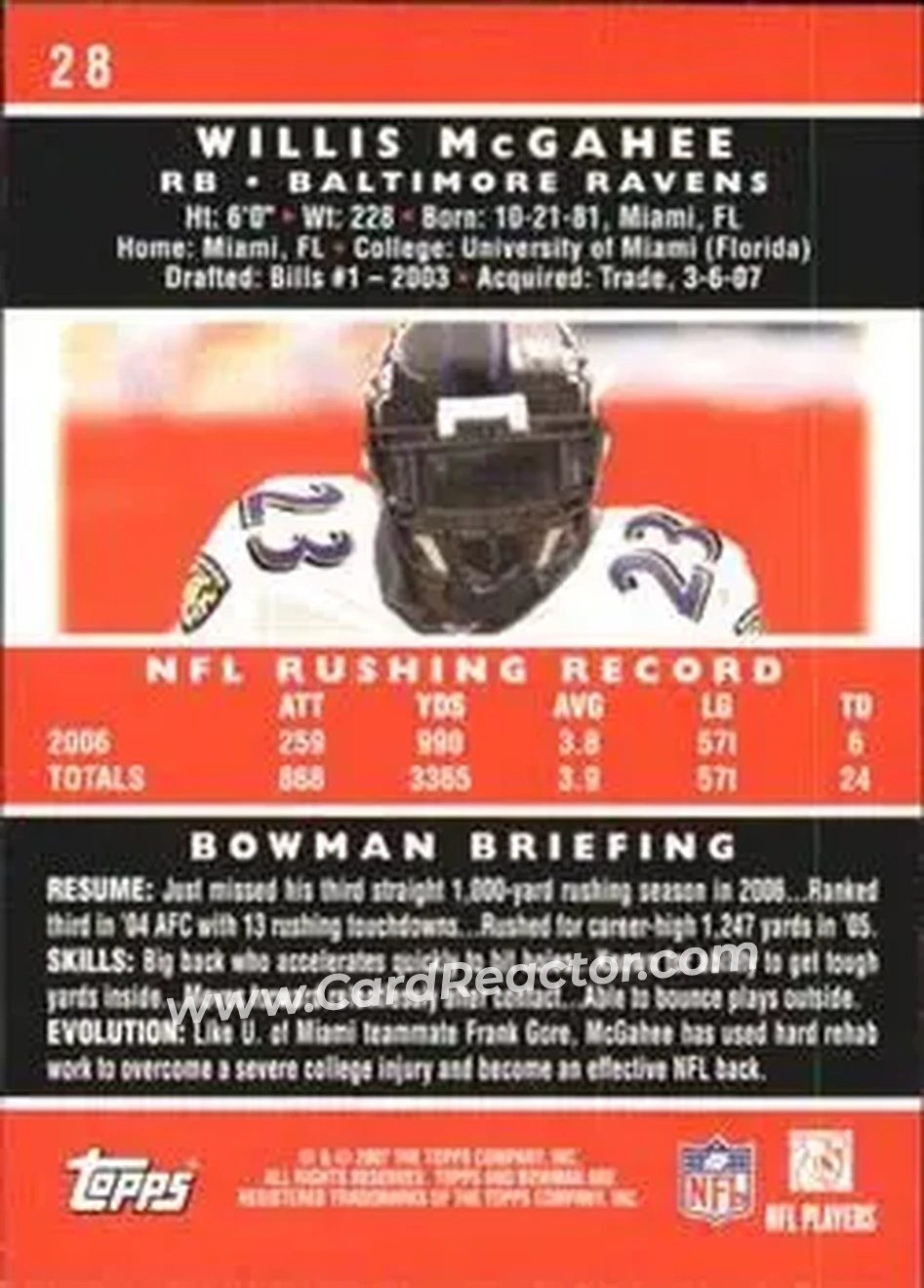 2007 Bowman #28 - Willis McGahee - Baltimore Ravens - Back