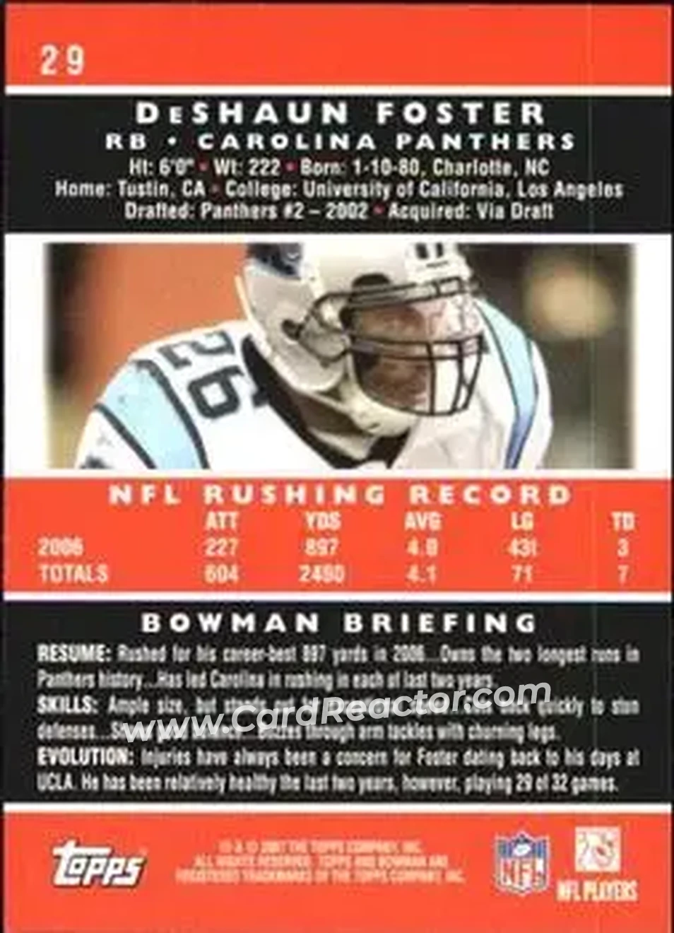 2007 Bowman #29 - DeShaun Foster - Carolina Panthers - Back