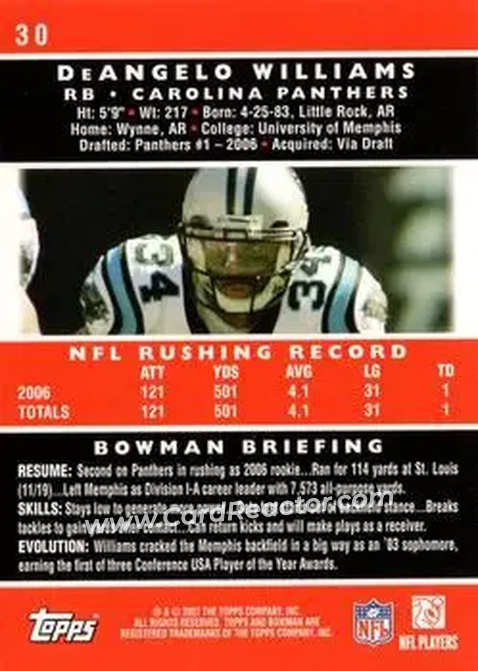 2007 Bowman #30 - DeAngelo Williams - Carolina Panthers - Back