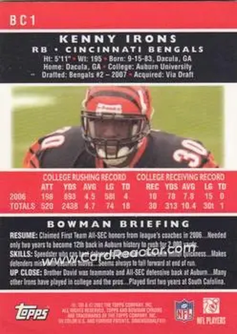 2007 Bowman Chrome #BC1 - Kenny Irons - Cincinnati Bengals - Back