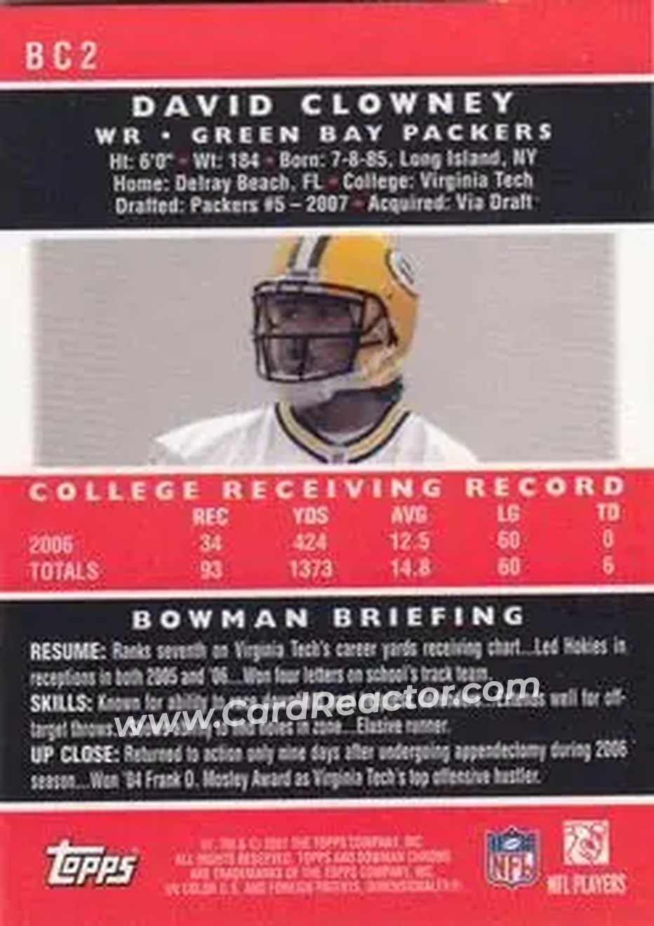 2007 Bowman Chrome #BC2 - David Clowney - Green Bay Packers - Back