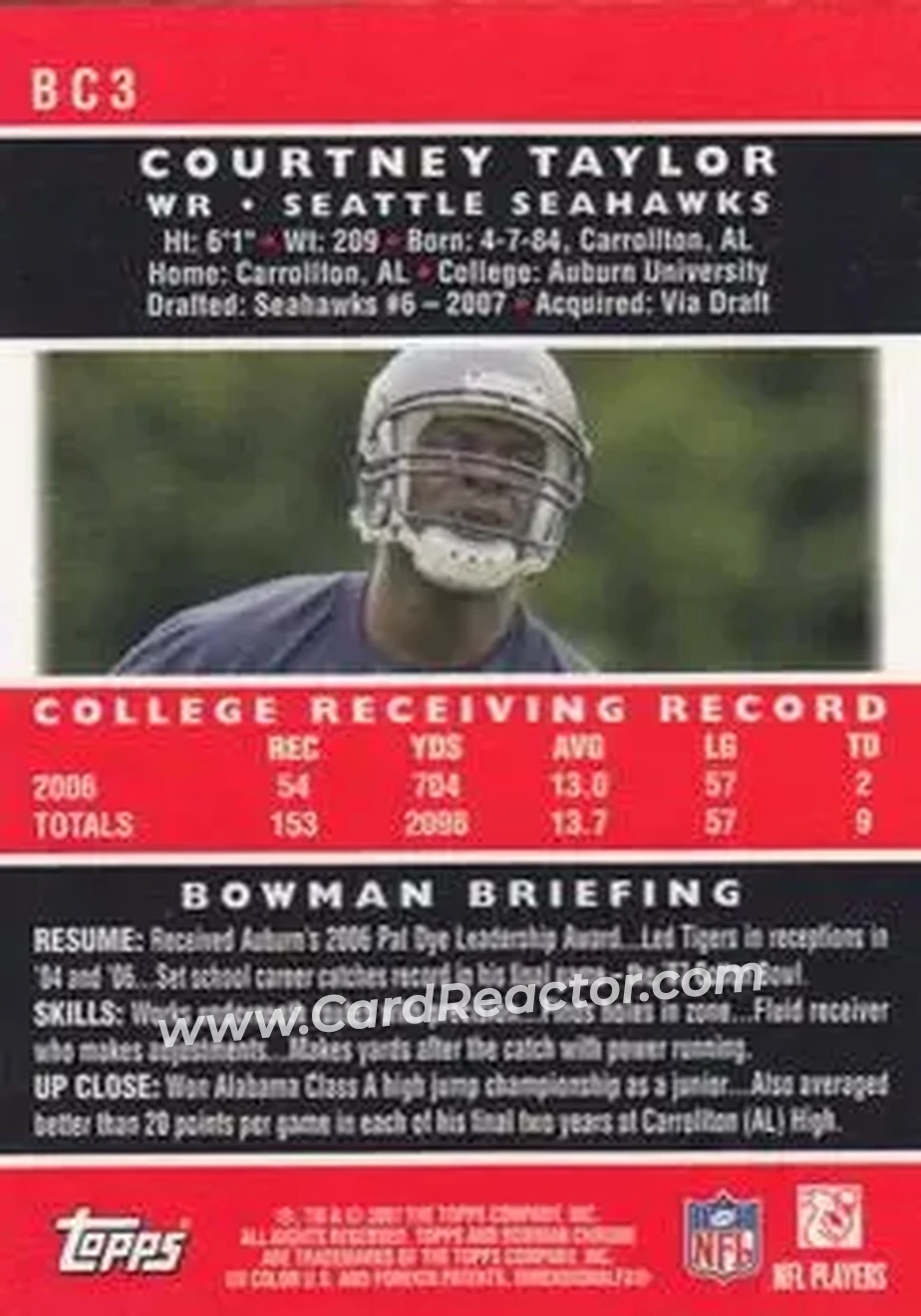 2007 Bowman Chrome #BC3 - Courtney Taylor - Seattle Seahawks - Back