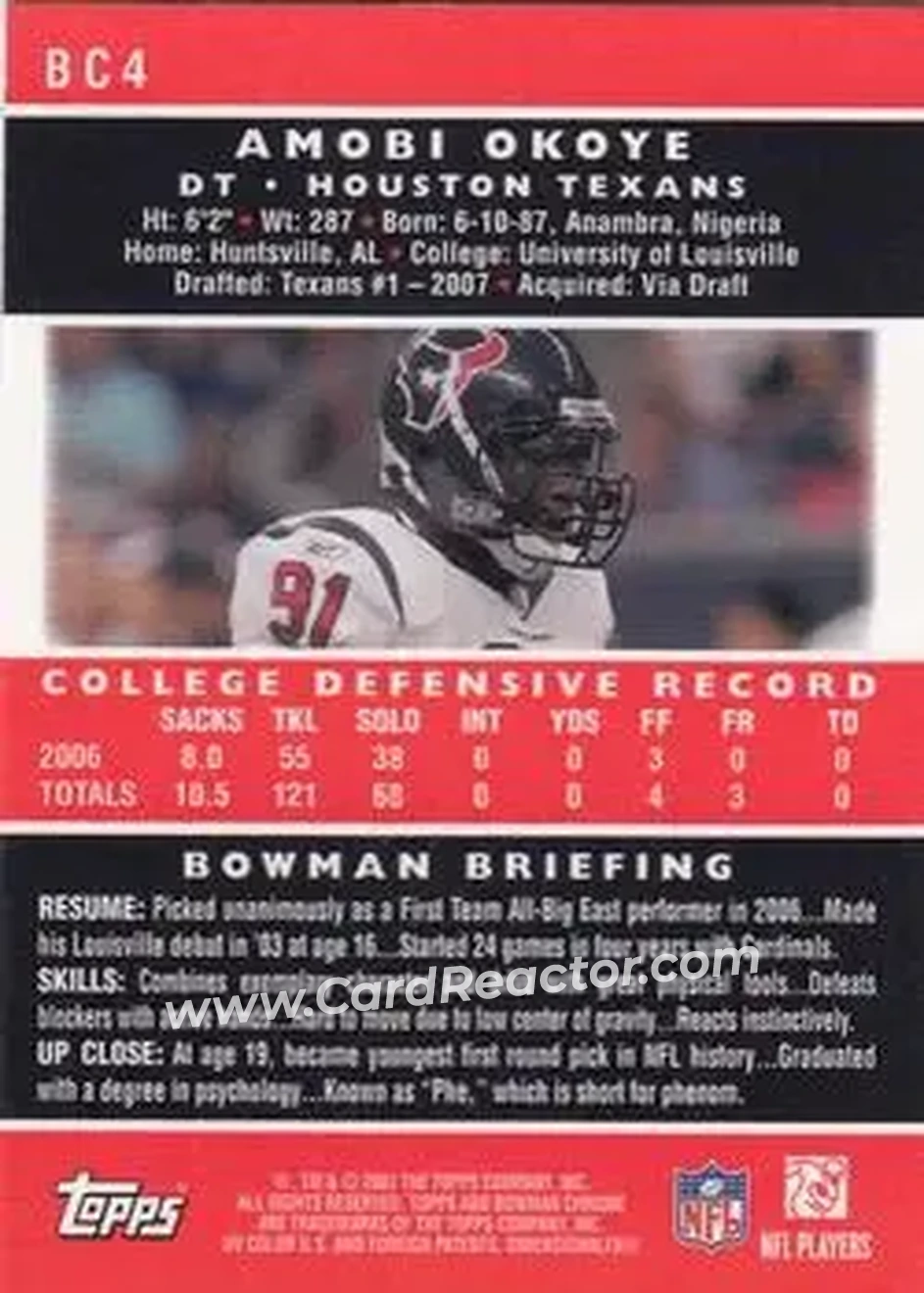 2007 Bowman Chrome #BC4 - Amobi Okoye - Houston Texans - Back