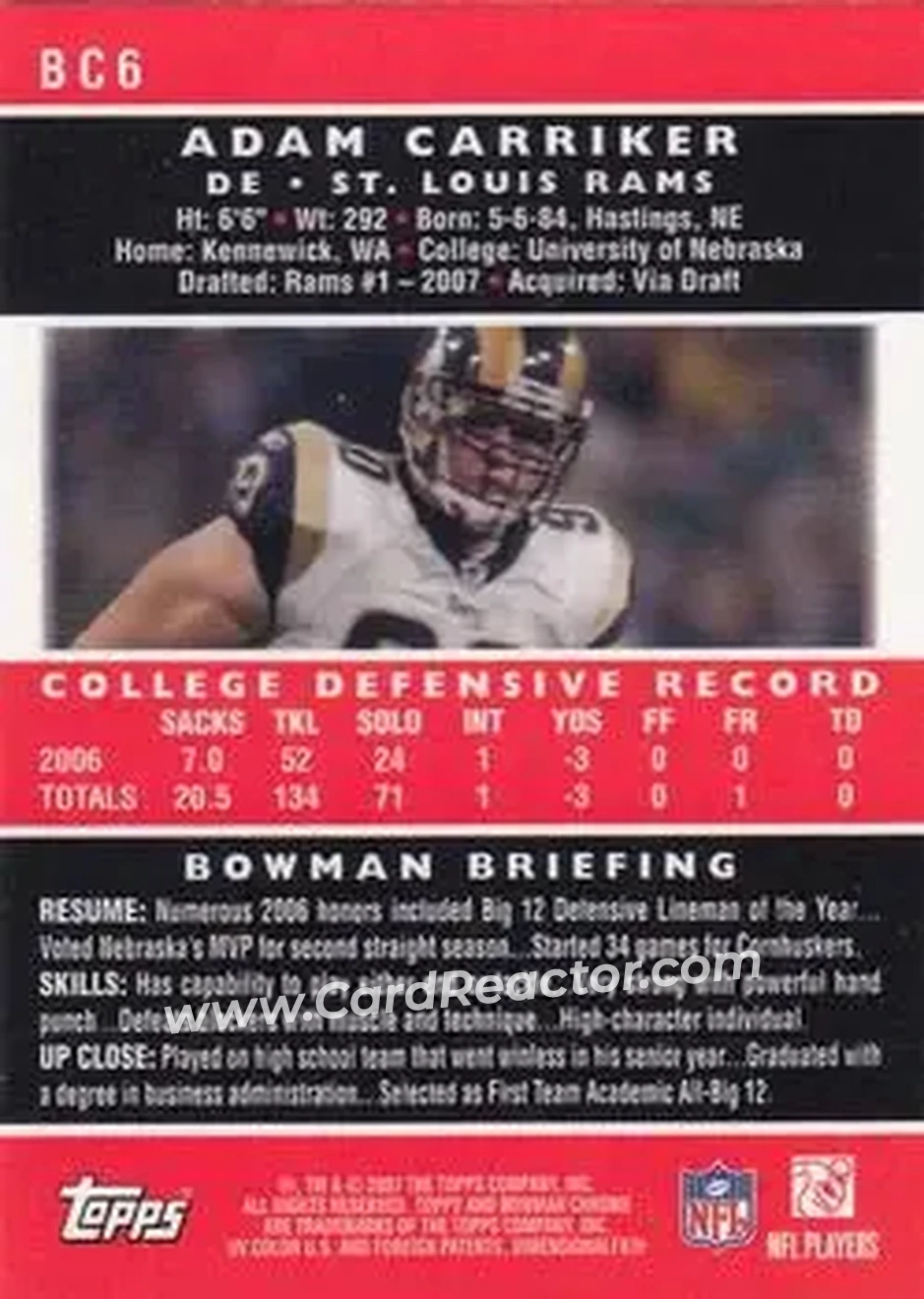 2007 Bowman Chrome #BC6 - Adam Carriker - St. Louis Rams - Back