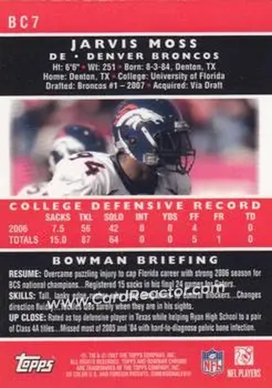 2007 Bowman Chrome #BC7 - Jarvis Moss - Denver Broncos - Back