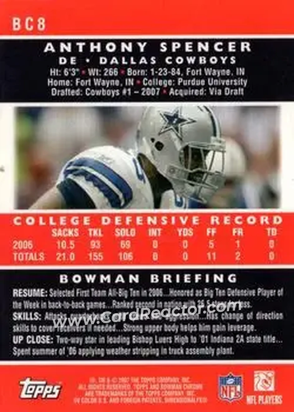 2007 Bowman Chrome #BC8 - Anthony Spencer - Dallas Cowboys - Back