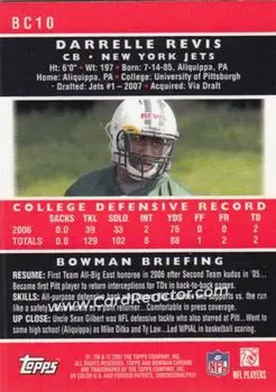 2007 Bowman Chrome #BC10 - Darrelle Revis - New York Jets - Back