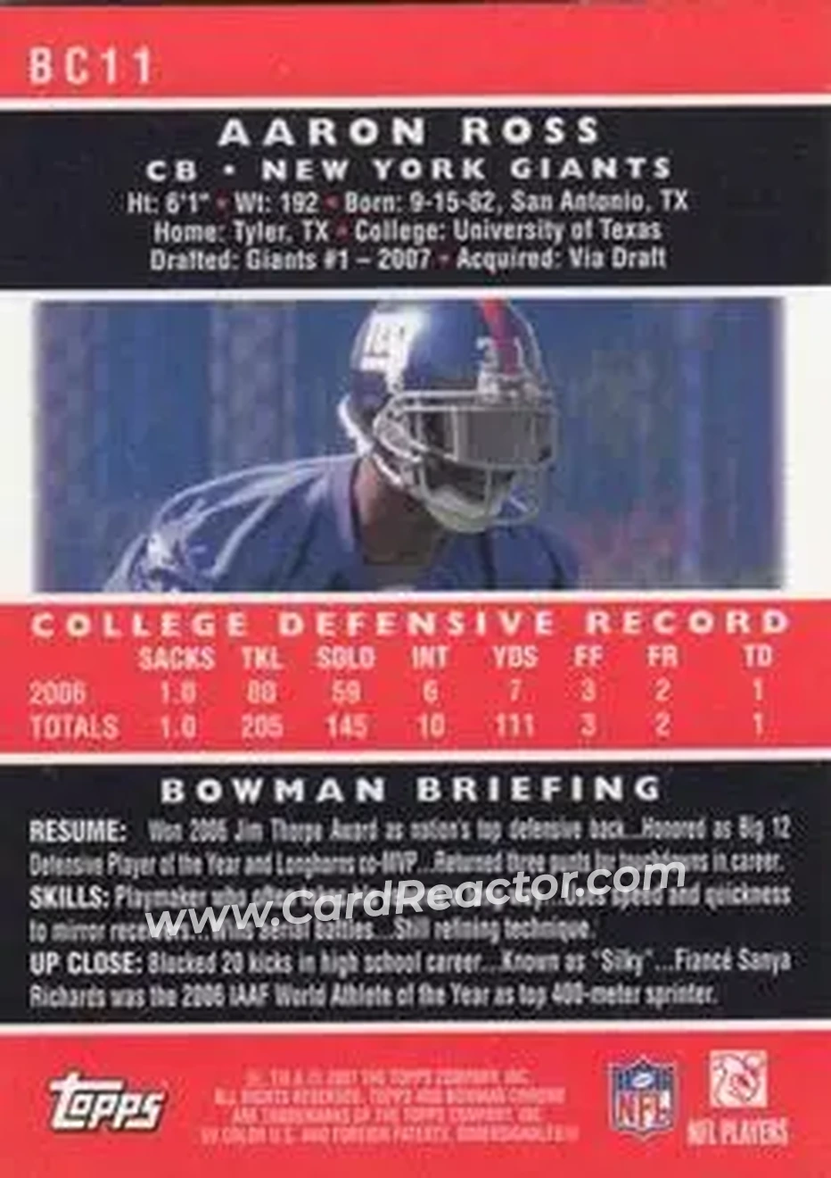 2007 Bowman Chrome #BC11 - Aaron Ross - New York Giants - Back