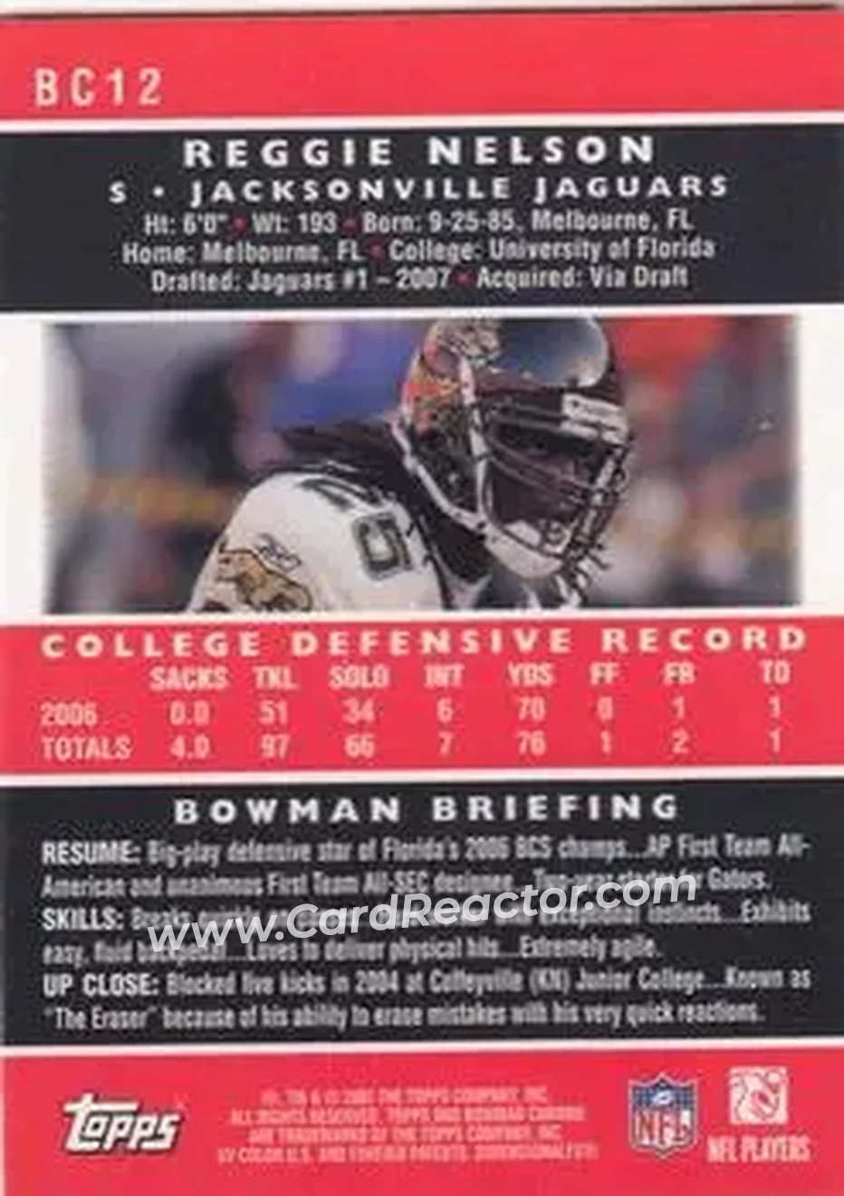 2007 Bowman Chrome #BC12 - Reggie Nelson - Jacksonville Jaguars - Back