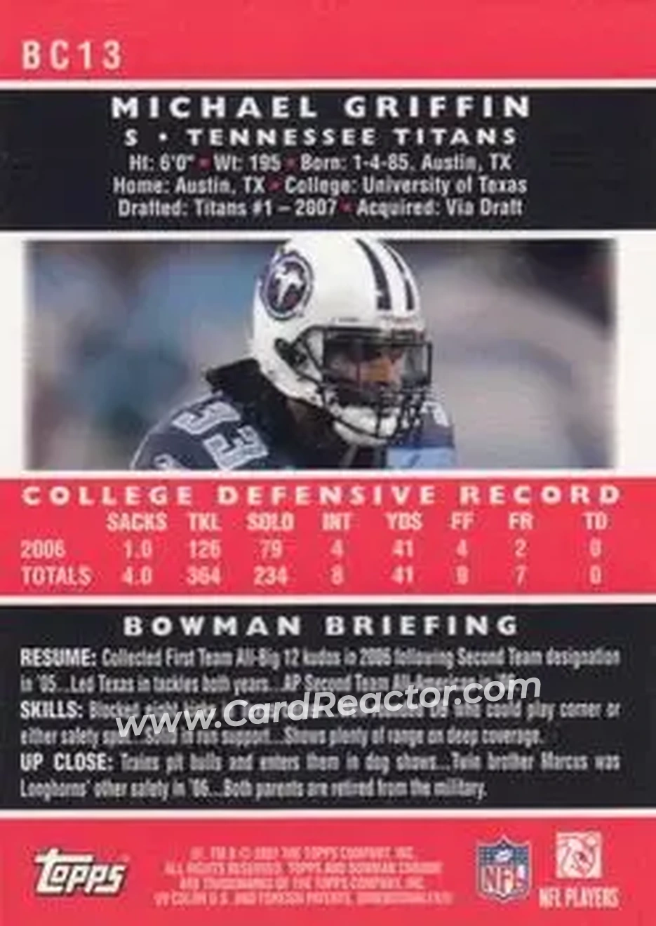 2007 Bowman Chrome #BC13 - Michael Griffin - Tennessee Titans - Back