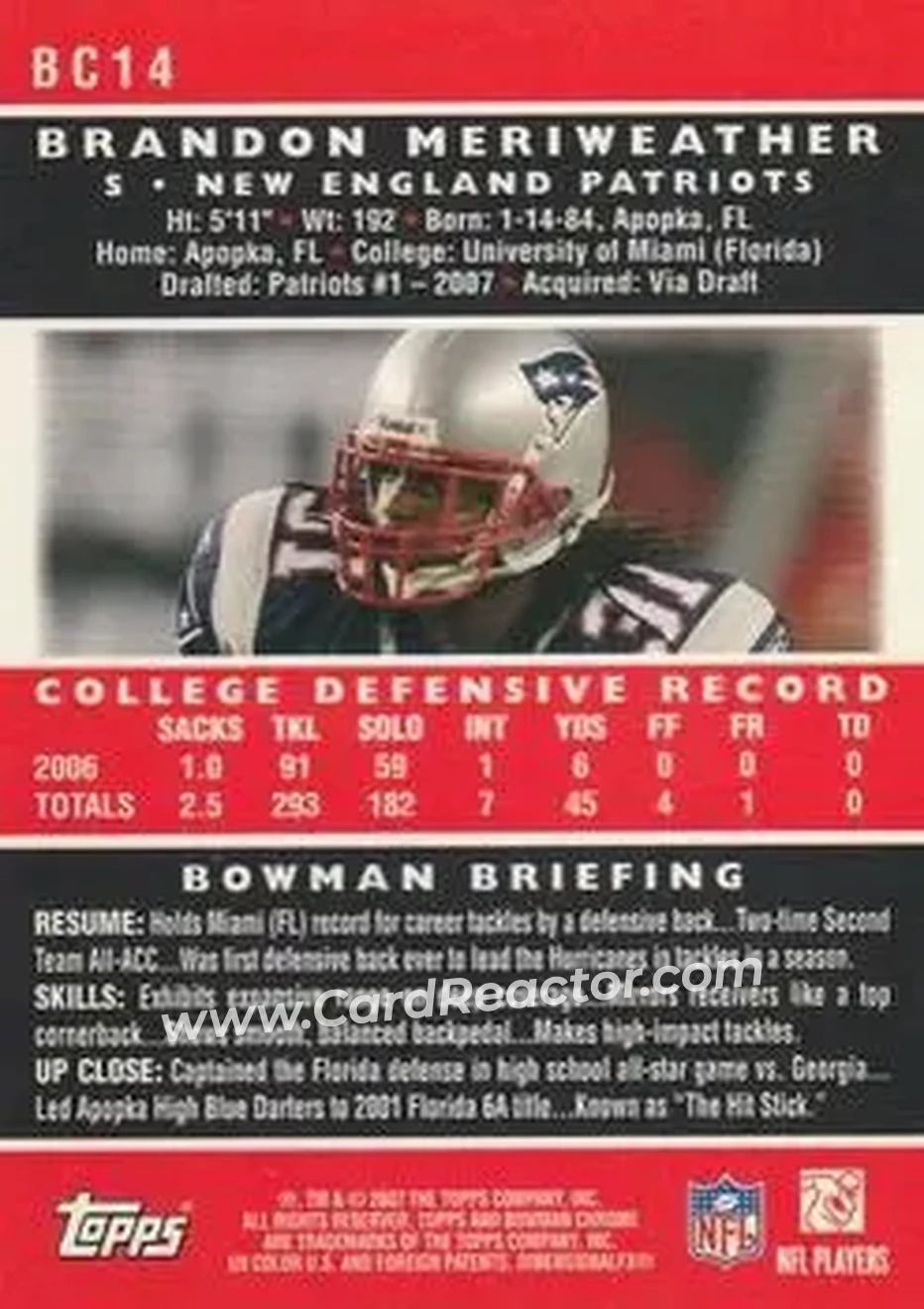2007 Bowman Chrome #BC14 - Brandon Meriweather - New England Patriots - Back