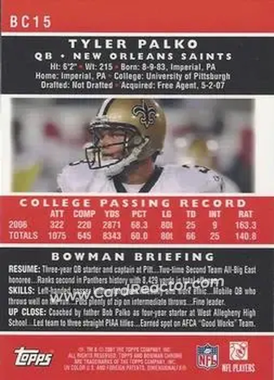 2007 Bowman Chrome #BC15 - Tyler Palko - New Orleans Saints - Back
