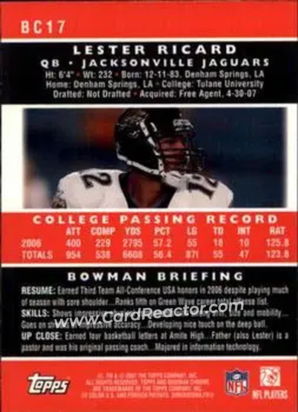 2007 Bowman Chrome #BC17 - Lester Ricard - Jacksonville Jaguars - Back