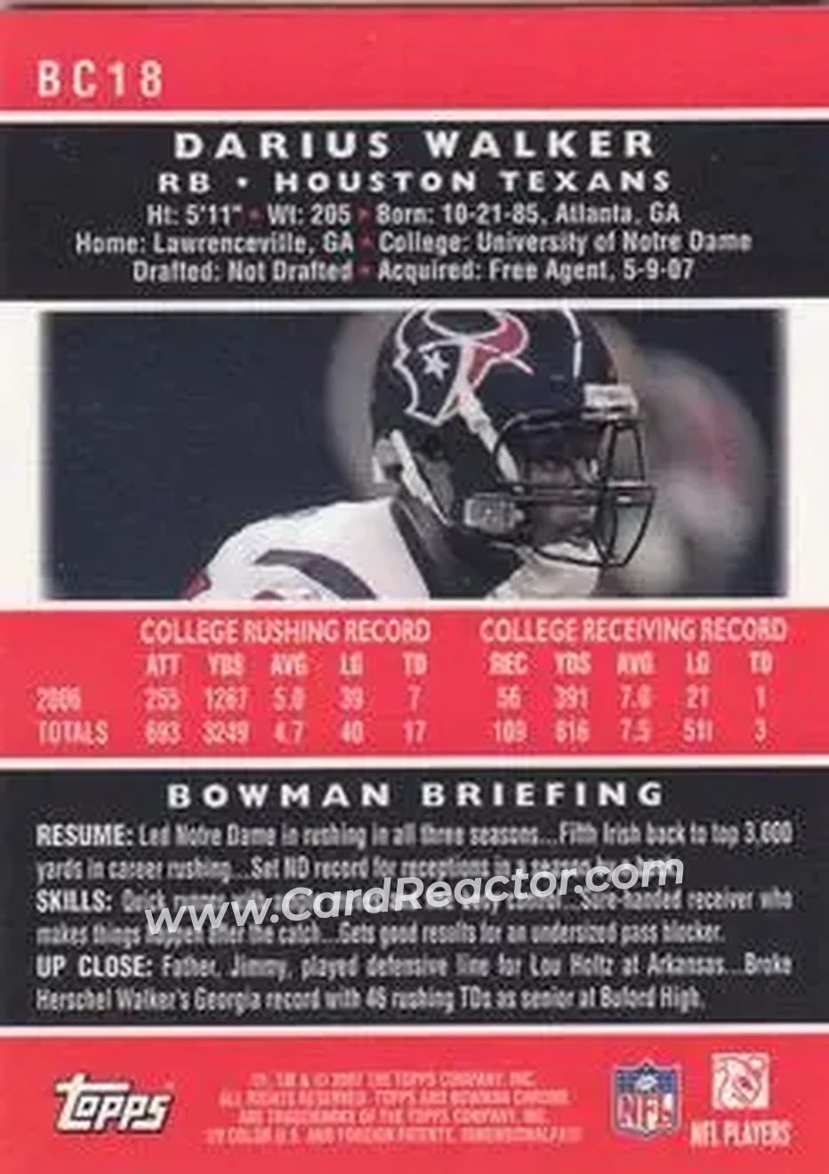 2007 Bowman Chrome #BC18 - Darius Walker - Houston Texans - Back